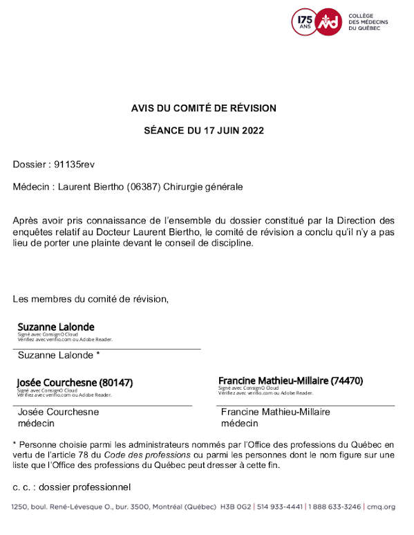Décission du comité de révision dans le dossier du Dr Laurent Biertho