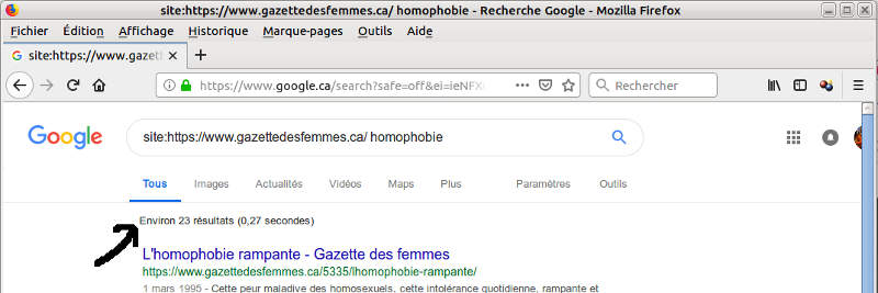 Avec le mot clé homophobie sur le site de Gazette des femmes il y a 23 liens.
