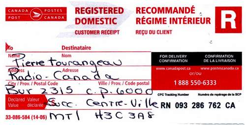 Envoi d'une plainte en lettre recommandée avec poste canada à Pierre Tourangeau ombudsman de Radio-Canada.