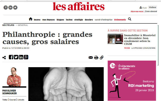 Philanthropie : grandes causes, gros salaires, Journal Les Affaires - 12/12/2008