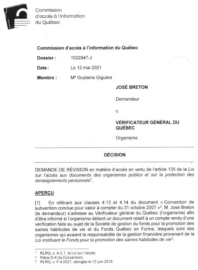 Commission d'accès à l'information du Québec demande de révision