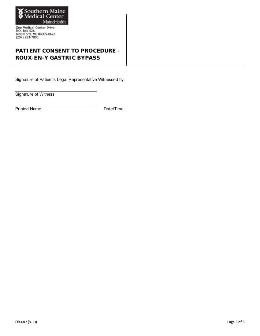 Patient consent to procedure - roux-en Y gastric bypass