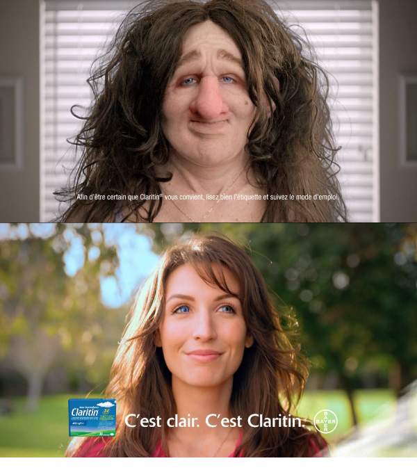 Une publicit tl Claritin pour soulager les allergies qui associe la laideur  la grosseur