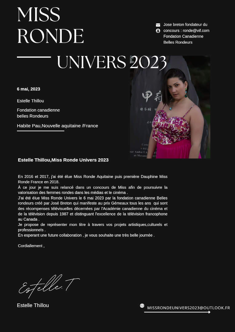 Lettre de présentation d'Estelle miss ronde universnet 2023