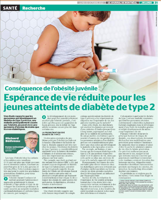 Esprance de vie rduite pour les jeunes atteints de diabte de type 2 - Richard Bliveau