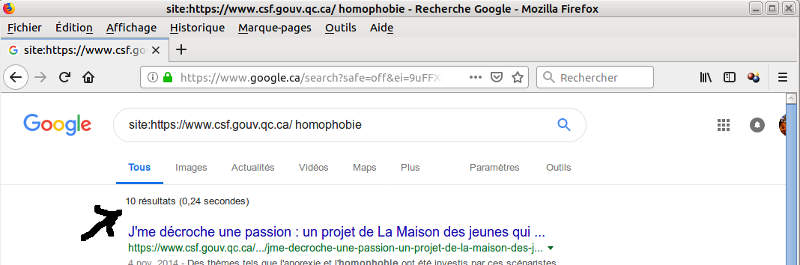Avec le mot cl homophobie sur le site de conseil du statut de la femme il y a 10 liens.