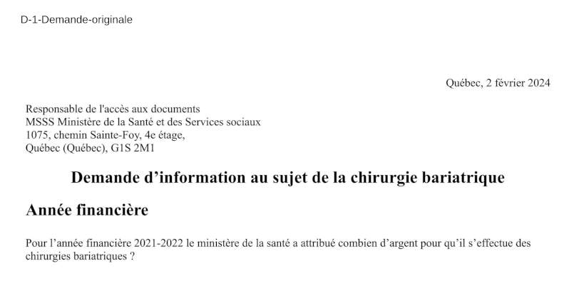 Demande d'accs  l'information au ministre de la sant et des services sociaux pour les cots de la chirurgie bariatrique