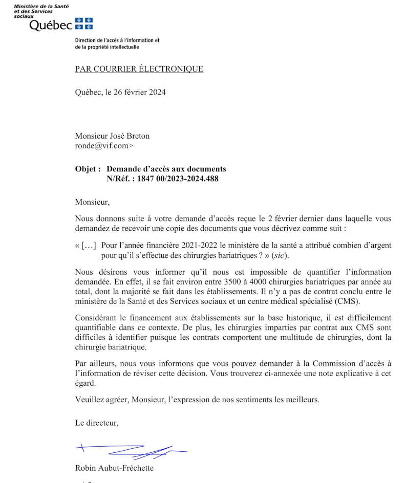 Premire rponse du MSSS sur la chirurgie bariatrique au Qubec