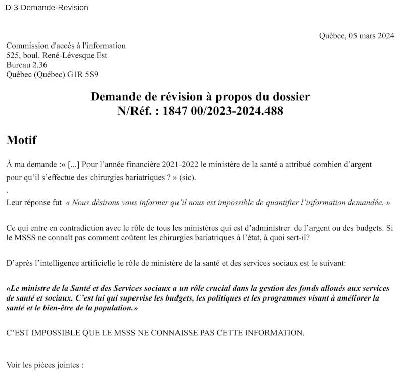 Deuxime rponse du MSSS sur la chirurgie bariatrique au Qubec