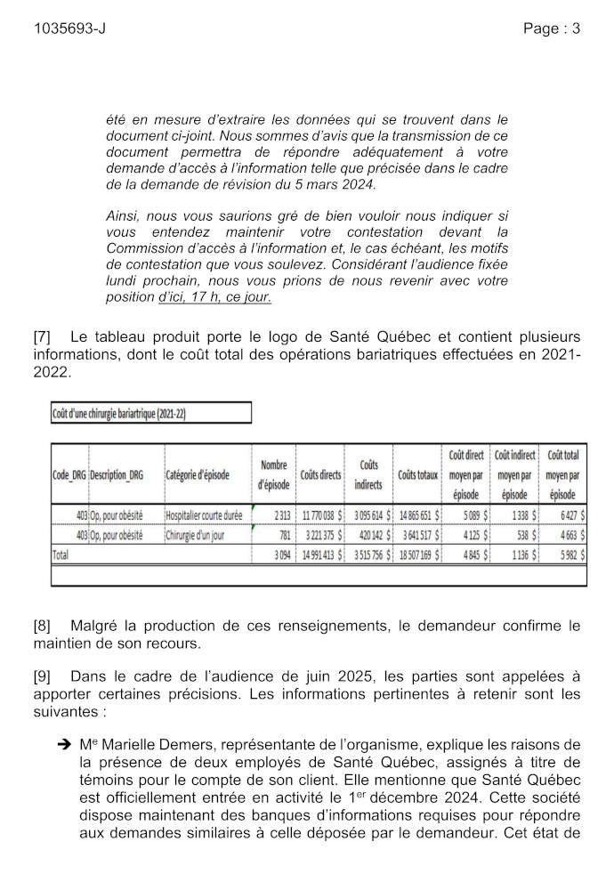 Le tableau produit porte le logo de Sant Qubec et contient plusieurs informations, dont le cot total des oprations bariatriques effectues en 2021-2022.